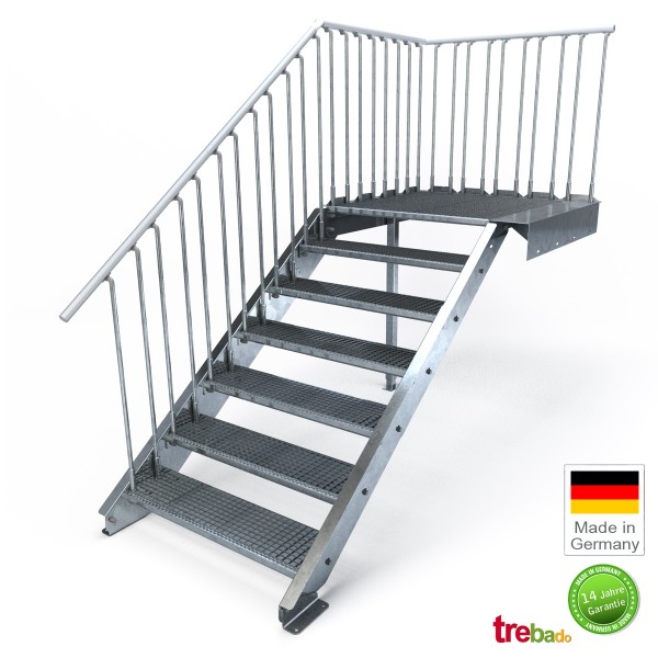 Stahlpodest Treppe 7 Stufen GH 140 cm mit Geländer