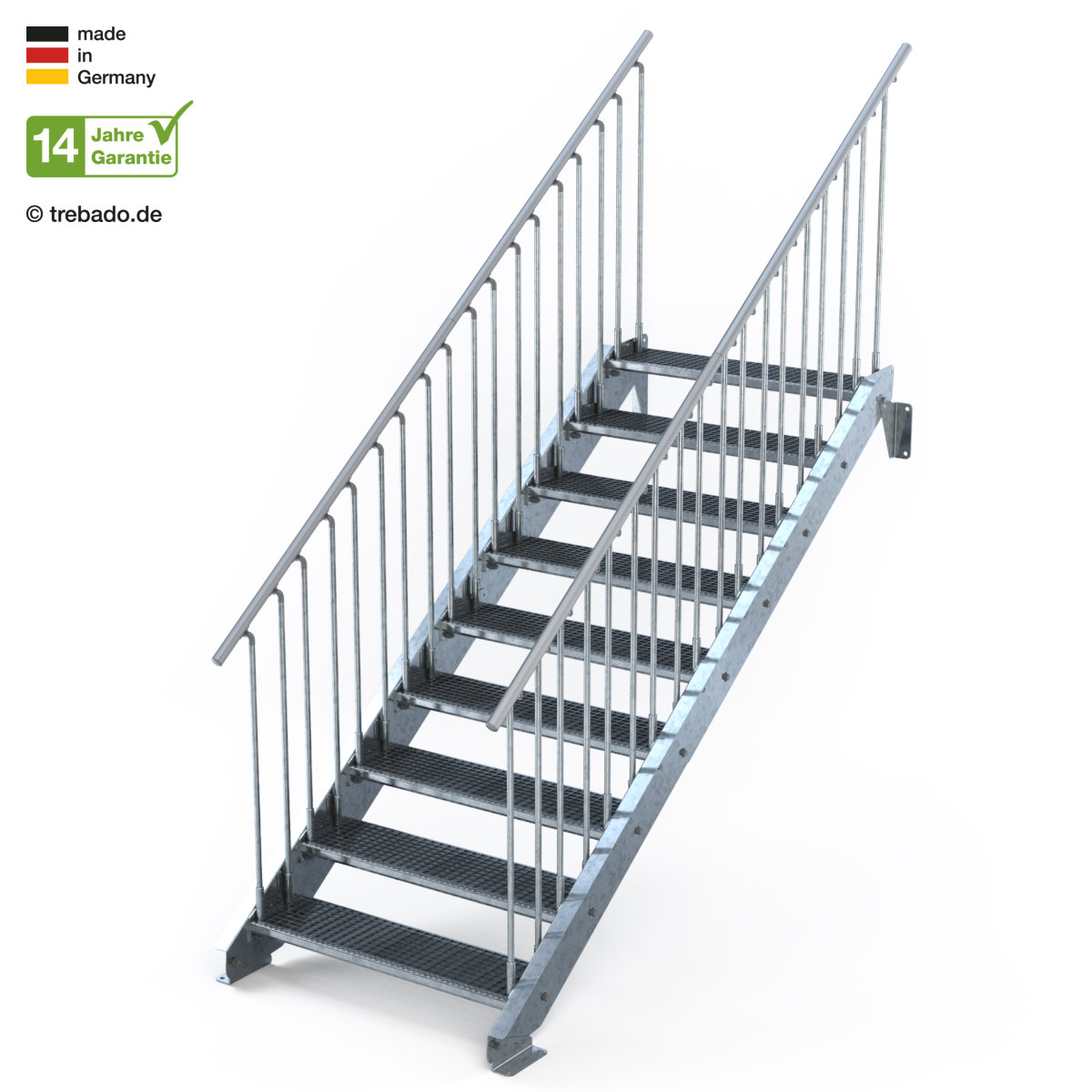 Treppen Rechner Außentreppe gerade 10 Steigungen, 9 Stufen 60 bis 120 cm | Treppen