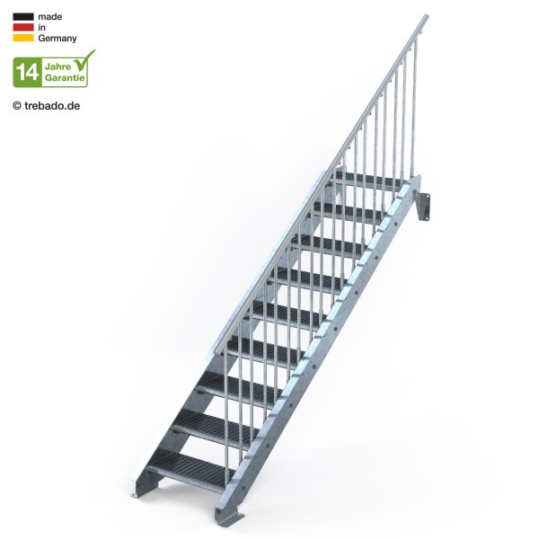Neunstufige, geradläufige Treppe, mit Geländer auf der linken Seite und 60 cm langen Stufen