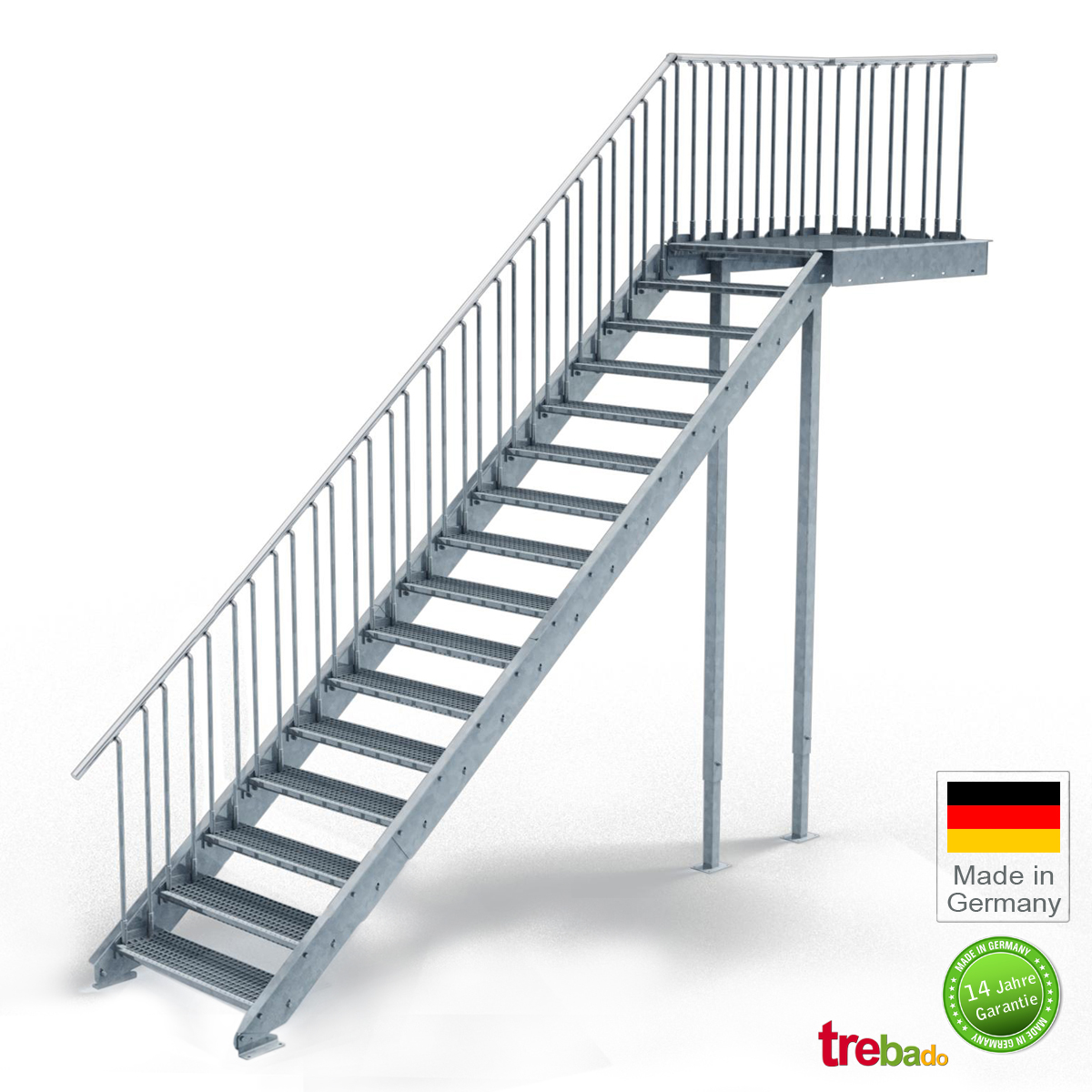 feuerverzinkte Stahltreppe mit 900 mm Stufenlänge als montagefertiger Bausatz Anstellhöhe variabel von 62 cm bis 84 cm Außentreppe 4 Stufen 90 cm Laufbreite Gitterroststufe ST1 ohne Geländer
